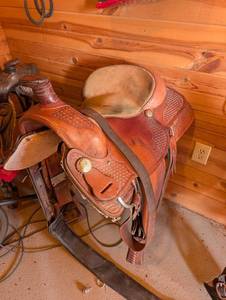 Western Saddle - 16-Inch Seat, Basketweave Leather, Roughout Seat