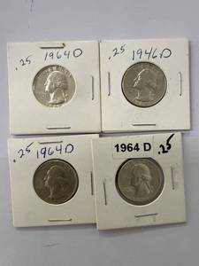 Four 1964 D Silver Quarters