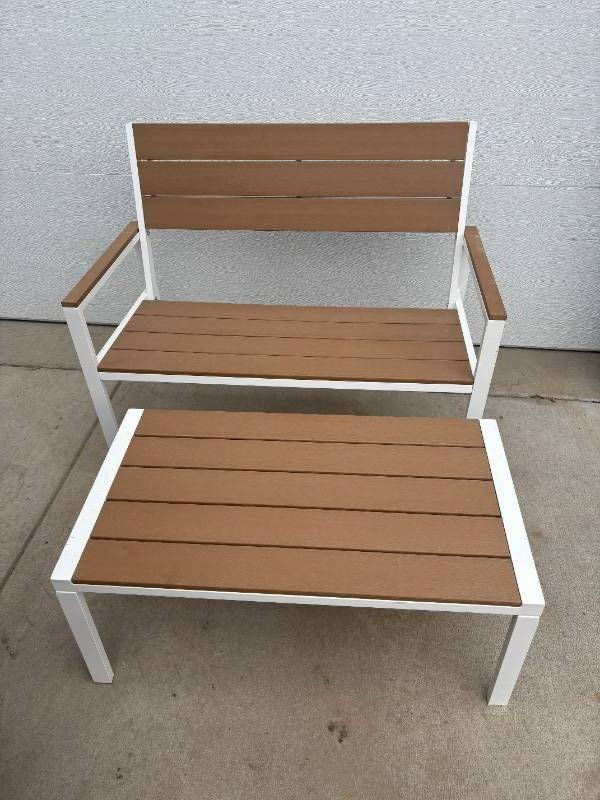 New 2pc Outdoor Set Composite Polywood All Weather Wood- WhiteBrown - Bench and Coffee Table