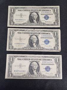 Lot of 3 Vintage Silver Certificate One Dollar Bills Including 1935 and 1957 Series