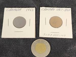 Canadian Coins, including 1955 Penny, 1862-1867 Penny, and 1996 Toonie
