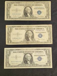 Lot of 3 US Silver Certificates One Dollar Bills Series 1935 and 1957