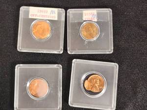 Lot of 4 Error Lincoln Penny Coins Including 1969D Off-Centered and 1958D Freak