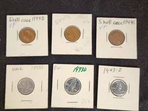 Lot of 5 Lincoln Wheat Pennies including 1943 Steel and 1944 Shell Case Varieties