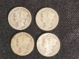 Lot of 4 Mercury Dimes from 1918, 1926, 1940, and 1944