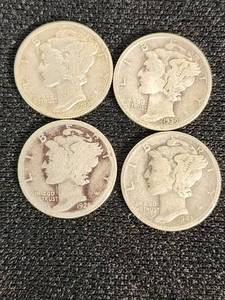 Mercury Dimes 1928, 1939, 1943, 1944 Silver Coins
