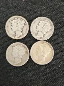 Lot of 4 Mercury Dimes 1923, 1935, 1938, 1944 - Silver Coins
