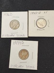 Mercury Dimes including 1939 D, 1936 D, and 1943 D