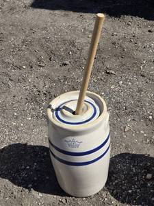 Stoneware Butter Churn with Stick for Wooden Dasher - crack on the rim