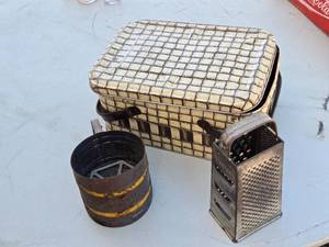Vintage Bromco Cheese Grater, Flour Sifter, and Tin Box