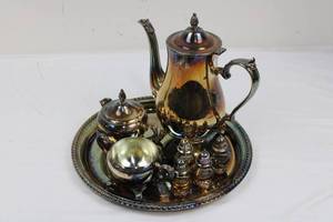 International Silver Co. Silver Plate Tea Set on Beaded Tray with 4 Salt & Pepper Shakers (Tested as .800 Sterling Silver)