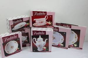 Traditions Moss Rose Pattern Porcelain China Collection of 7