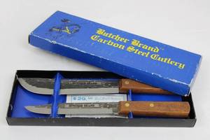 Butcher Brand Carbon Steel Cutlery - 2 Kitchen Knives with Wood Handles