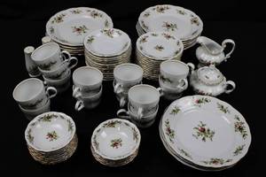 Traditions Floral Rose Pattern Dinnerware Set - 69 Pieces - White China with Gold Trim
