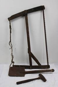 Antique Frame Saw with Shovel & Mallet - 3-Piece Woodworking Tool Set