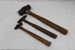 Wood-Handled Hammer Set - 3 Vintage Hammers (Sledge, Ball-Peen, Club)