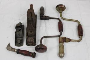 Stanley Hand Plane & Vintage Wood-Handled Tools - Rusty Metalworking Set