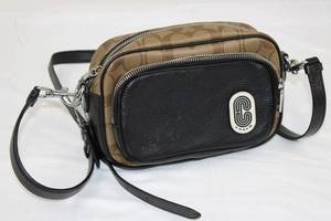 Coach Signature Crossbody Bag - Brown Monogram with Black Pebble Leather Front Pocket