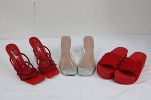SheIn Red Strappy Glitter Sandals & Clear-Strap High-Heel Mules & Quilted Platform Slides (Lot of 3)