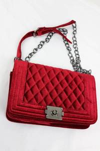 Velvet Quilted Crossbody Bag - Red with Gunmetal Chain