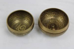 Brass Tibetan Prayer Bowls - Set of 2 with Intricate Script Engravings