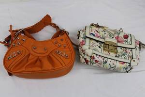2 Handbags - Orange Leather Satchel with Studs & Floral Print Shoulder Bag