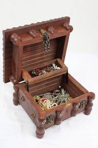Hand-Carved Wooden Jewelry Box with Mixed Jewelry - Rings, Pearls