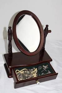 Dark Wood Oval Mirror Vanity with Jewelry Drawer