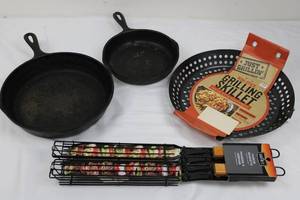Cast Iron Skillets (2) & Just Grillin Grilling Skillet & Bar-B-Q Kabob Baskets