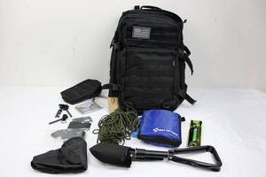 Black MOLLE Tactical Backpack with American Flag Patch and First Aid Essentials Kit