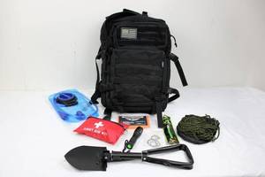Black Tactical Backpack with MOLLE - 2L Hydration Bladder, First Aid Kit, Poncho & Survival Gear