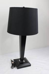 Table Lamp - Black Fabric Drum Shade, Modern Angular Metal Base