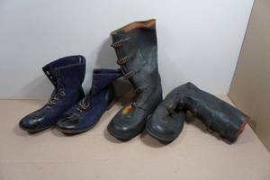 Antique WoolFeltLeather Hunting Boots and Black Rubber Buckle Over Boots