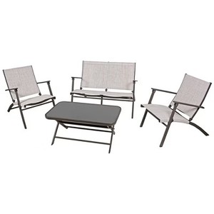 ^Four Seasons Courtyard Novara 4 Piece Steel Folding Outdoor Conversation Set with 2 Folding Chairs, 1 Loveseat, and 1 Table, Tan/Espresso Msrp $340.24
