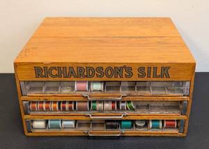 Richardsons Silk Thread Cabinet - Vintage Wood Box with Spools