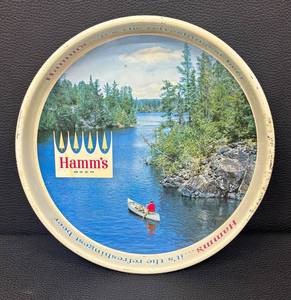 DA - Hamms Beer Round Tin Tray - Vintage Lakeside Canoe Scene