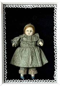 Antique German Miniature Bisque Doll in Shadow Box Frame
