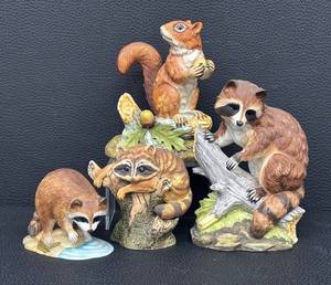 Red Squirrel 5622 by Andrea, Raccoons 5619, 7001 & E9025 (4 Figurines)
