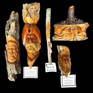 Doug Hicks Faces in Wood - Five Carved Cottonwood Faces on Bark Slabs