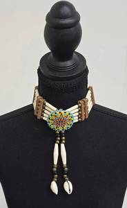Native American Beaded Choker Necklace - Shell Pendants, Leather Ties