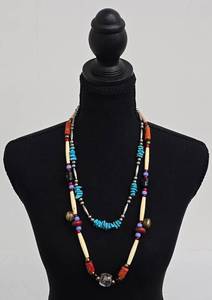 Turquoise Chip Necklace Pair, 23 in Long, Hand-Painted Beads & Bells