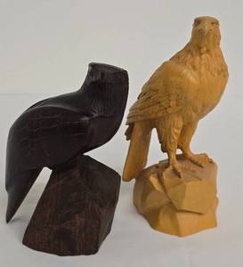 Hand Carved Dark Wood Eagle 6.25in Tall x 3.25in Dia - Light Wood Eagle 7.5in Tall x 4in Dia