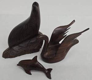 Carved Wooden Seal, Swan & Dolphin Figures (Lot of 3)