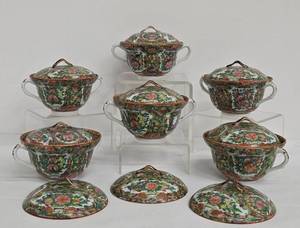 Vintage Chinese Hand Painted Rose Medallion Pattern Porcelain Lidded Bowls - 6-in Set of 6 with 3 Extra Lids