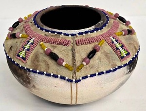 Artisan Crafted Native American Pottery Vessel - Bead-Decorated Neck & Panels