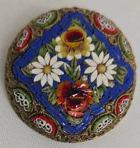 Vintage Italian Hand-Painted Floral Mosaic Brooch