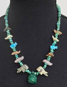 Native American Style Animal Fetish Necklace with Turtle Charms & Green Stone Pendant - 20 in
