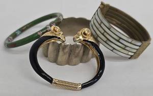 Ram-Head Cloisonn Bracelets Set - 4 Bangles, Dia, Green Floral & White Inlay