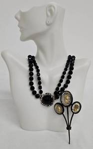 Vintage Black Glass Bead Necklace with 1 in Center Pendant & Cameo Brooch Set