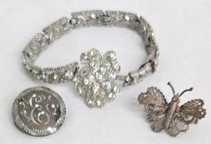 Vintage Rhinestone Bracelet With Floral Center - Butterfly Brooch & Round Brooch (Lot of 3)